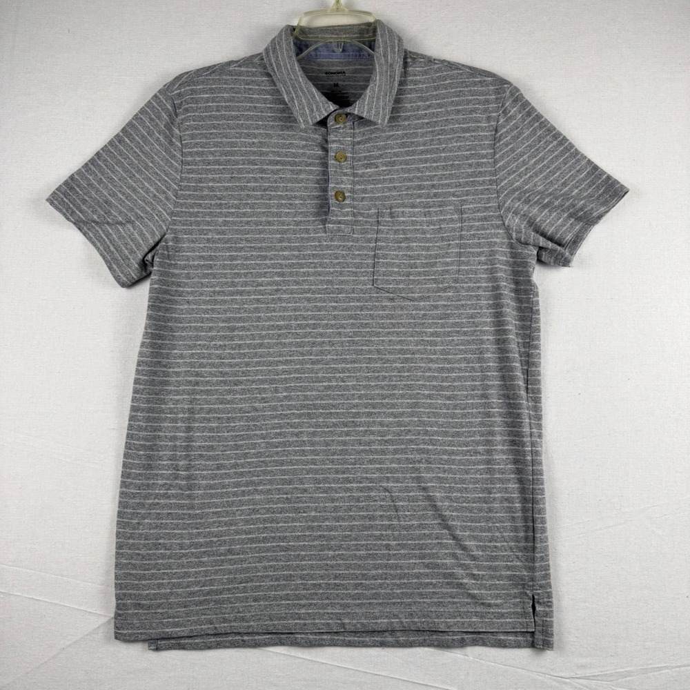 Sonoma Goods For Life Mens Gray Striped Short Sleeve Pocket Polo Shirt Size M